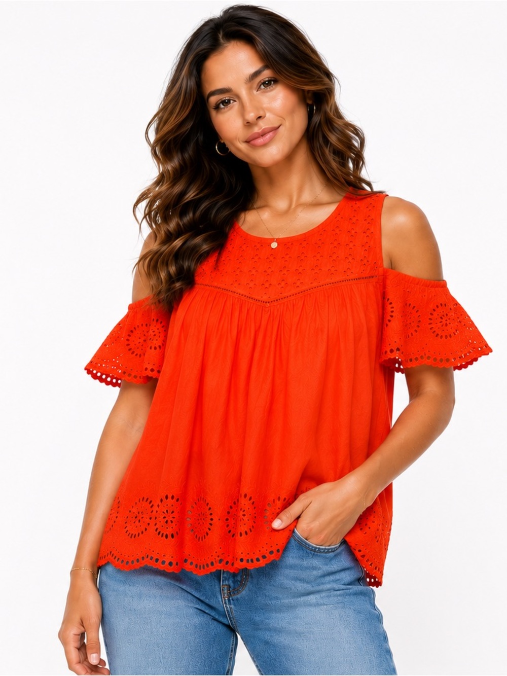 Crown & Ivy Size Large Women's Cold-Shoulder Eyelet Top Orange Red